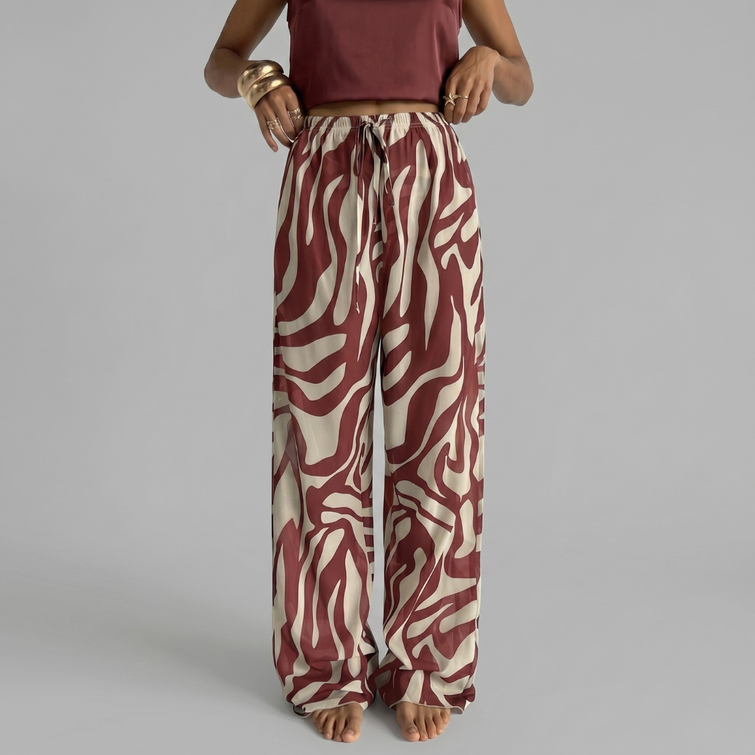Aloruh Women’s Zebra Print Wide Leg Beach Cover Up Pants – Boho Low Waist Vacation Trousers Burundy