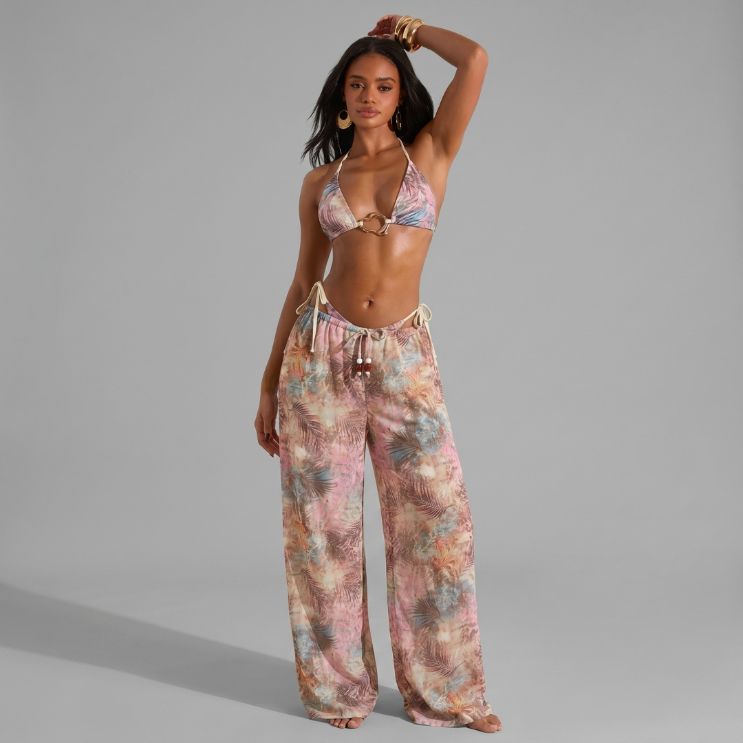 Opulessa Women’s Tropical Print Wide Leg Beach Cover-Up Pants – Lightweight Boho Drawstring Vacation Trousers Pink