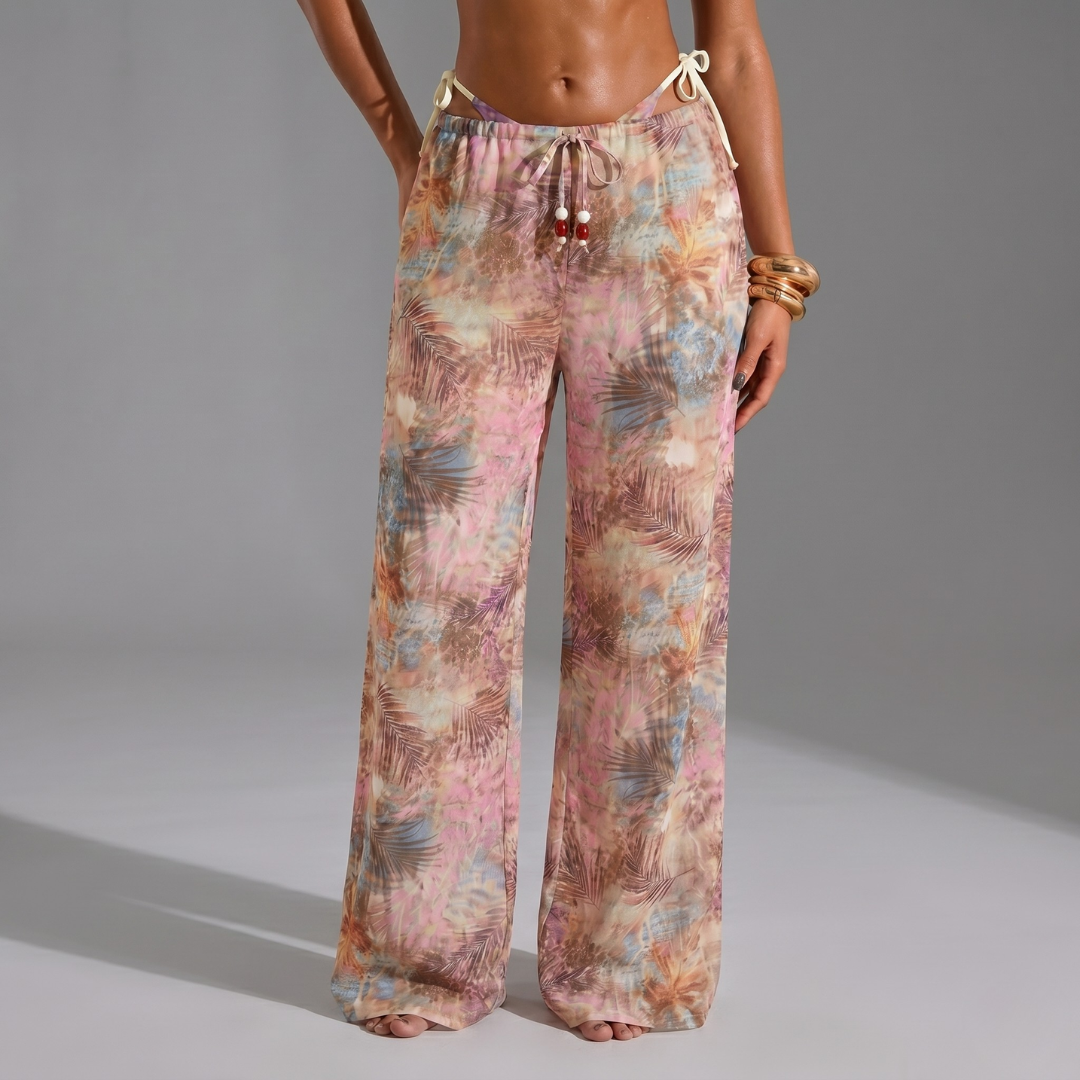 Opulessa Women’s Tropical Print Wide Leg Beach Cover-Up Pants – Lightweight Boho Drawstring Vacation Trousers Pink