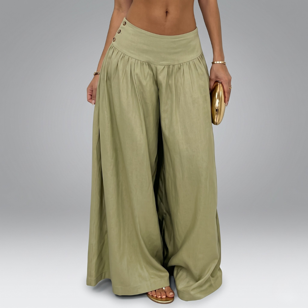 Retro Low Waist Wide Leg Pants – Draped Casual Slimming Long Trousers for Women Green