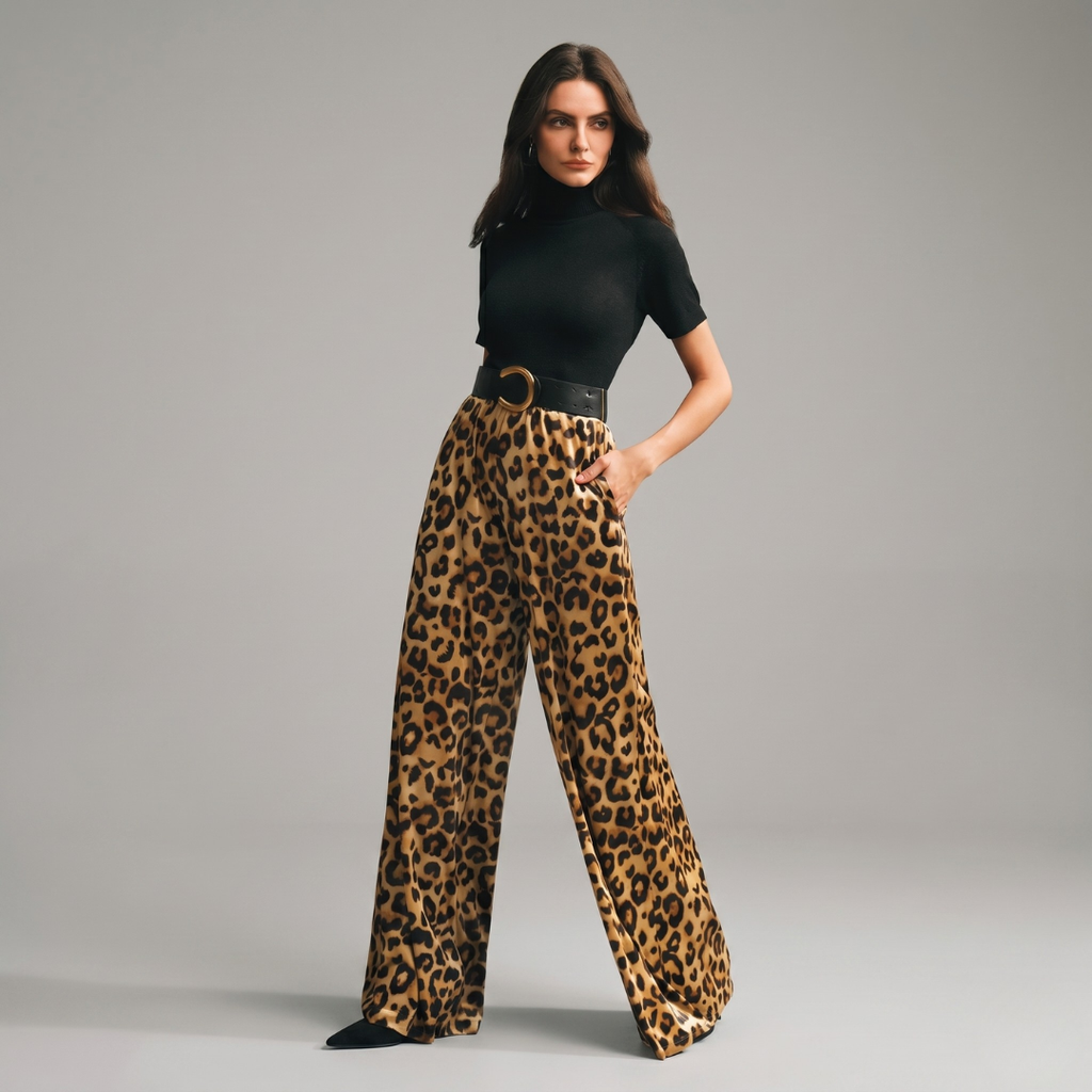 Vintage Leopard Print Wide Leg Velvet Pants – Casual High Waist Street Style Trousers for Women