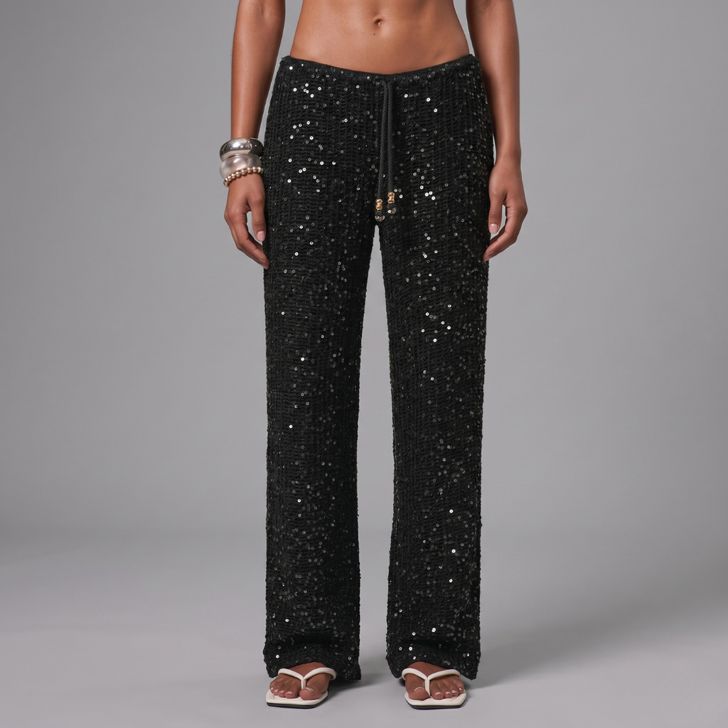 Women’s Sequin Crochet Wide Leg Beach Cover Up Pants – Boho Ibiza Vacation Resort Trousers Black