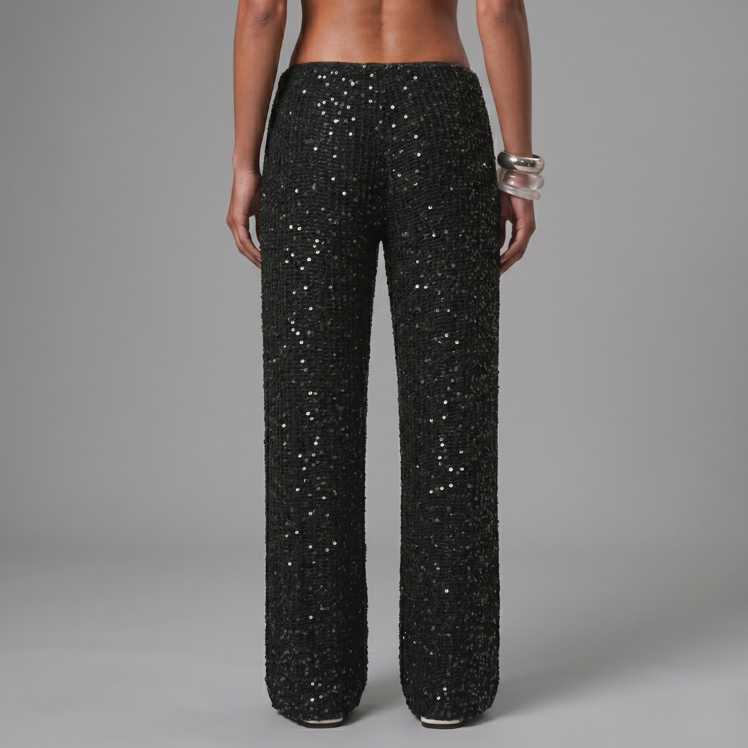 Women’s Sequin Crochet Wide Leg Beach Cover Up Pants – Boho Ibiza Vacation Resort Trousers Black
