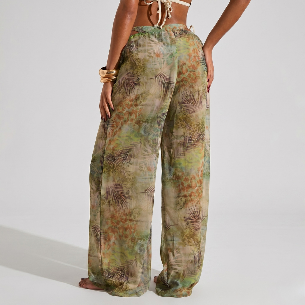 Women’s Tropical Print Wide Leg Beach Cover-Up Pants – Lightweight Boho Drawstring Vacation Trousers Green