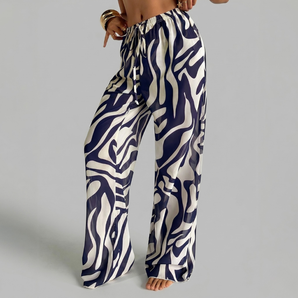 Women’s Zebra Print Wide Leg Beach Cover Up Pants – Boho Low Waist Vacation Trousers Navy