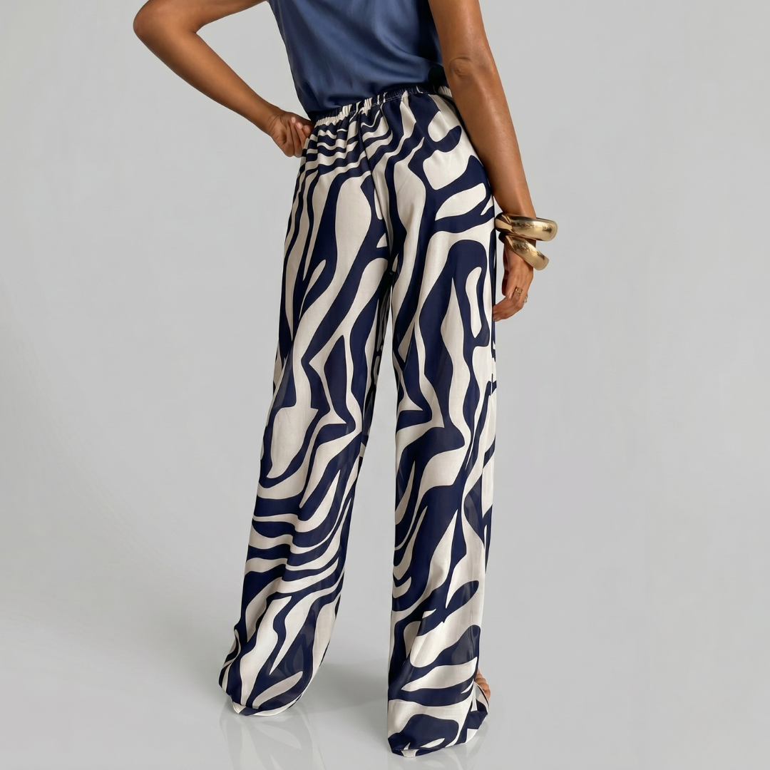 Women’s Zebra Print Wide Leg Beach Cover Up Pants – Boho Low Waist Vacation Trousers Navy